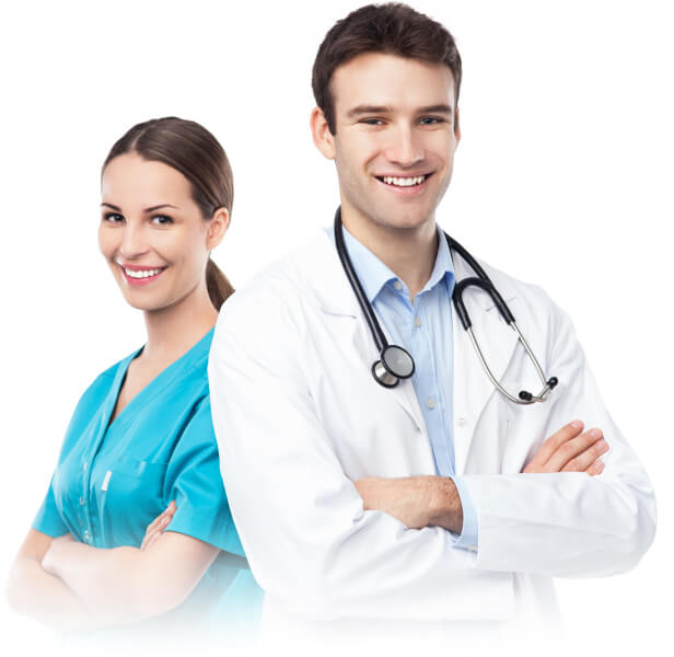 Imagem de um médico e uma enfermeira, um de costas pro outro, os dois estão sorrindo e de braços cruzados.
